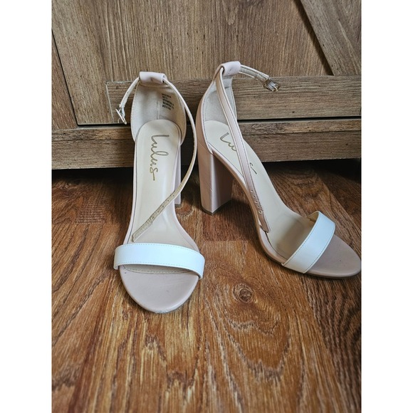 Lulus Heels Nude Beige Ankle Strap Buckle Open Toe Block Heel Sandals - Picture 1 of 7